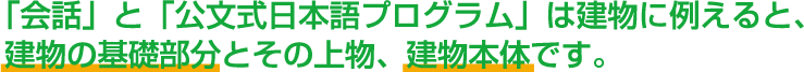 「会話」と「公文式日本語プログラム」は建物に例えると、建物の基礎部分とその上物、建物本体です。